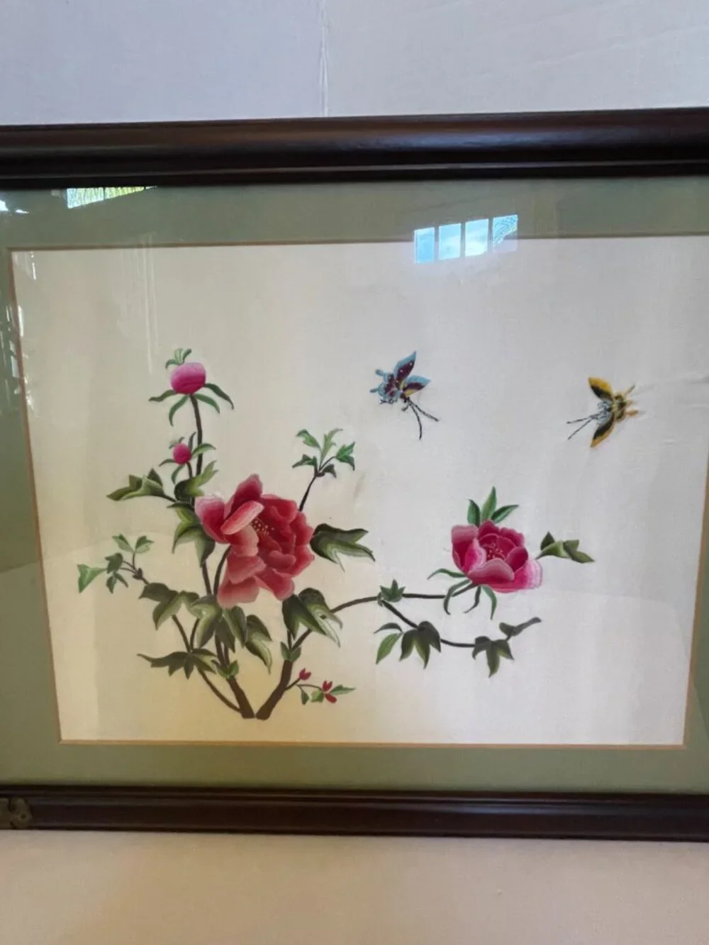 VTG Asian Wall Art Silk Embroidered Pink Flowers & Butterflies 3.5